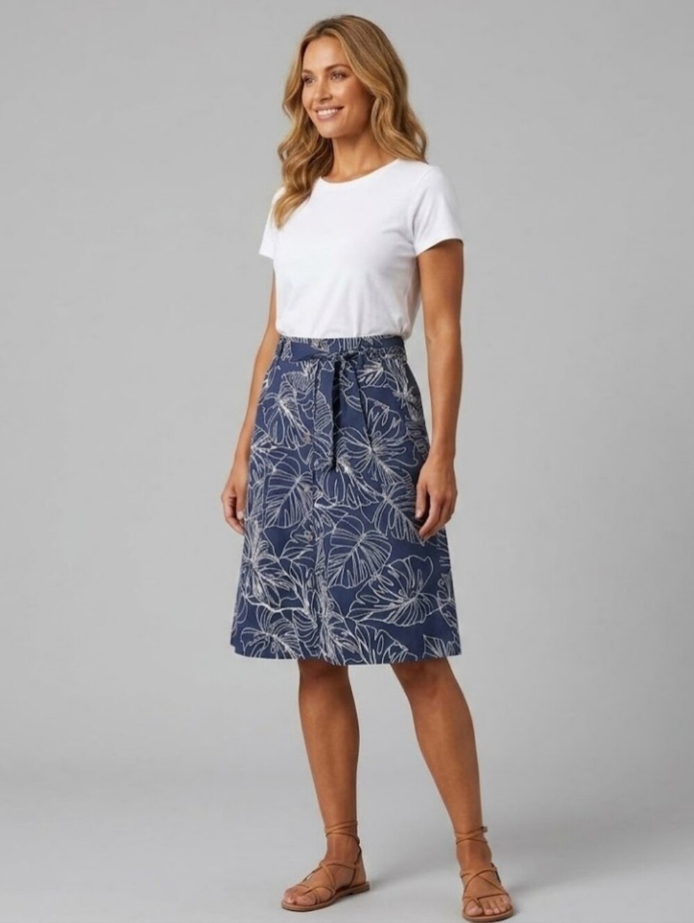 Jane Delancey Womens Medium Blue Tropical Print A Line Belted Button Down Skirt